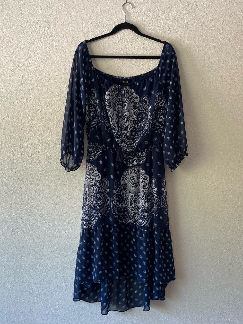 a.n.a Blue Paisley Boho Cottagecore Midi Dress Womens Medium Lined High Low